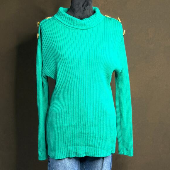 Vintage St. John Collection by Marie Gray Sweater Gold Button Teal Green Size M - Picture 2 of 13